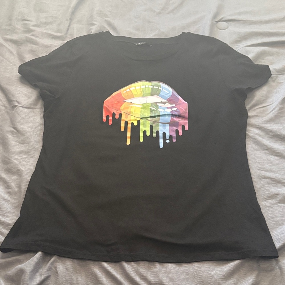 Black Graphic Tee with Colorful Lip Design